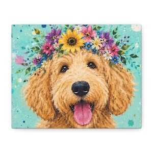 May include: A canvas print featuring a golden doodle dog with a colorful floral crown. The dog has a black nose and a pink tongue. The background is a light teal color with paint splatters.