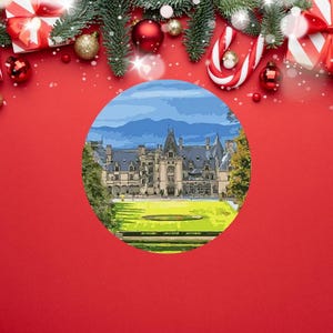 May include: A festive Christmas-themed image with a red background. A circular image of a large building with a green lawn and blue sky is centered. Christmas decorations, including gifts, ornaments, and candy canes, adorn the top.