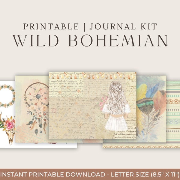 Wild Bohemian Junk Journal Printable - Boho Junk Journal Kit, Gypsy Hippie Chic Ephemera Digital Download Collage Papers