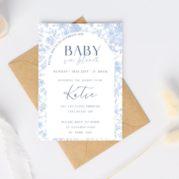 Blue baby in bloom baby shower invitation