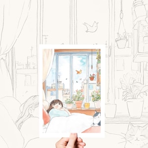 Gemütlicher Kunstdruck, verträumte Aquarell Illustration - Kunst Entspannung Wand Dekoration - Achtsames Malposter Geschenk für Erwachsene