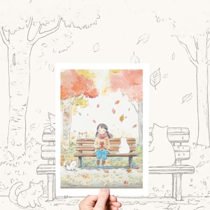 Poster et carte postale de livre de coloriage pour adultes, impression d'art mural automne sur du papier aquarelle épais, pages à colorier en pleine conscience, cadeau de décoration murale confortable