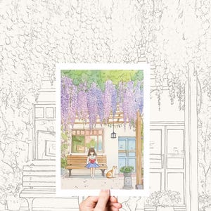 Poster da colorare Mindful/Stampa artistica di una ragazza che legge su carta spessa per acquerello, pagine da colorare per amanti dei libri e adulti, regalo da parete.