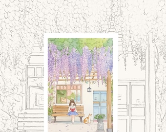 Mindful Colouring Poster| Girl Reading Art Print on Thick Watercolor Paper, Coloring Pages for Book Lovers & Adults Gift Wall Decor