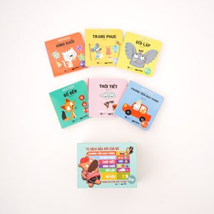 May include: A set of six colorful board books for young children. The books feature various topics, including shapes, clothing, opposites, numbers, weather, and transportation. Each book has a different animal character on the cover.