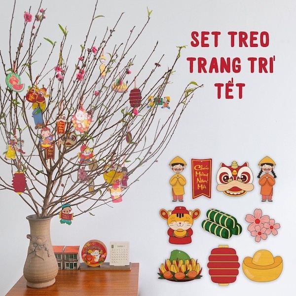 Lunar New Year wooden decoration set of 10—Set trang trí năm mới bằng gỗ