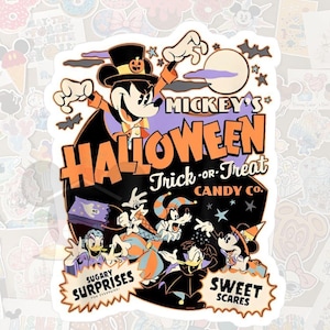 May include: A Halloween-themed sticker featuring Mickey Mouse in a top hat, with the text "Mickey's Halloween Trick-or-Treat Candy Co." and other Disney characters. The sticker has a vintage, cartoon style with orange, black, and purple colors.