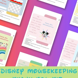 May include: Printable Disney Mousekeeping thank you tip envelopes. The design includes the text "We appreciate the great service and hard work to make our stay magical!" and "Thank you Mousekeeping!" with Disney character graphics.