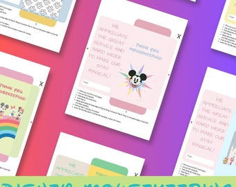 May include: Printable Disney Mousekeeping thank you tip envelopes. The design includes the text "We appreciate the great service and hard work to make our stay magical!" and "Thank you Mousekeeping!" with Disney character graphics.