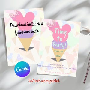 Disney Ice Cream Party Invitation- 5x7 Digital Download-Disney Cones for Birthday, Social, Summer events -Edit, Instant Download Canva