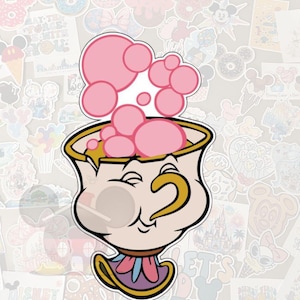 May include: A sticker featuring a cartoon teacup with a smiling face and pink bubbles. The teacup is light pink with a gold handle and rim, and a purple and blue base. The background is filled with various Disney-themed stickers.