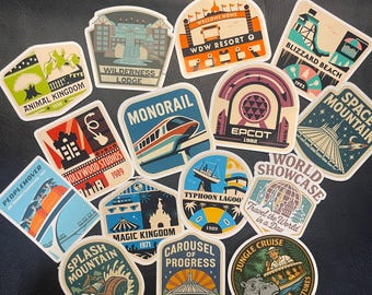Disney Vintage Attraction Badge Stickers-Retro Signs Rides and Resorts-Fish Extender/Pixie Dust Trip Loot Lot of Gloss Vinyl Stickers