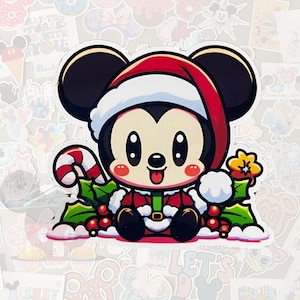 May include: A sticker featuring a cartoon Mickey Mouse character in a Santa hat and outfit, holding a candy cane. The design includes holly and berries, with a cheerful expression. The sticker is surrounded by other Disney-themed stickers.