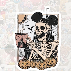 May include: A sticker featuring a skeleton wearing a Mickey Mouse hat, holding a coffee cup with a castle design, and surrounded by bats and jack-o'-lanterns. The background includes a moon and a spooky castle, perfect for Halloween.