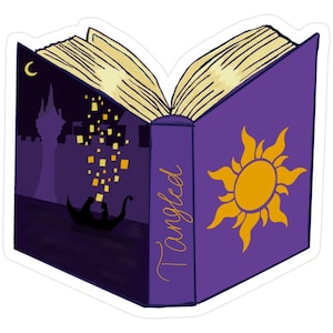 May include: A sticker featuring an open book with a purple cover and gold lettering that reads "Tangled." The left page shows a silhouette of a castle and a boat with lanterns floating in the night sky. The right page has a gold sun.