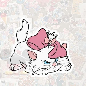 May include: A white cat sticker with a pink bow and a matching hat. The cat has blue eyes and a slightly grumpy expression. The sticker is surrounded by other Disney-themed stickers.