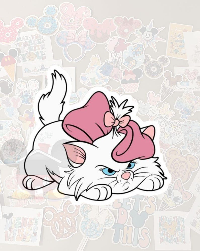 May include: A white cat sticker with a pink bow and a matching hat. The cat has blue eyes and a slightly grumpy expression. The sticker is surrounded by other Disney-themed stickers.