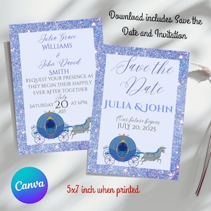 Cinderella Sparkle Wedding Invitation and Save the Date Digital Download-Disney Theme Wedding, Blue Carriage 5x7-Editable, Instant Download