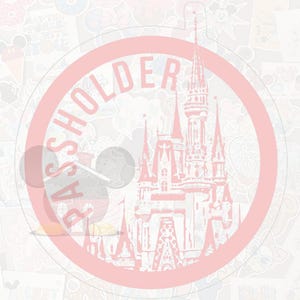 May include: A light pink passholder with a castle design in the center. The words "PASSHOLDER" are printed in a circle around the castle. The background is filled with various stickers.