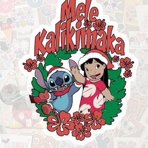 May include: A sticker featuring the characters Lilo and Stitch, wearing Santa hats and surrounded by red hibiscus flowers and green leaves. The text "Mele Kalikimaka" is written in red above the characters.