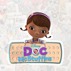 May include: A sticker featuring Doc McStuffins from Disney. The cartoon character is smiling and wearing a purple headband and a white lab coat. The sticker has a band-aid design with the words "Disney Doc McStuffins" in purple and blue.