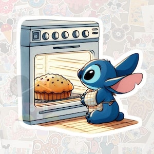 May include: A sticker featuring a blue cartoon character, with large ears, looking at a muffin baking in an oven. The oven is light gray, and the muffin is golden brown. The character is wearing a small apron.