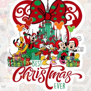 May include: A sticker featuring Disney characters in Christmas attire. The design includes Mickey and Minnie Mouse, Donald and Daisy Duck, Goofy, and Pluto, with a castle backdrop and the text "Best Christmas Ever."