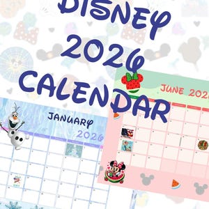 Disney 2026 Calendar- 12 months w/ Holidays- PDF Instant Download- Mickey, Minnie, Stitch- Full Page printable bundle-January-December 2026