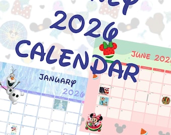Disney 2026 Kalender- 12 Monate w / Feiertage- PDF Sofortiger Download- Mickey, Minnie, Stitch- ganzseitiges druckbares Bündel-Januar-Dezember 2026