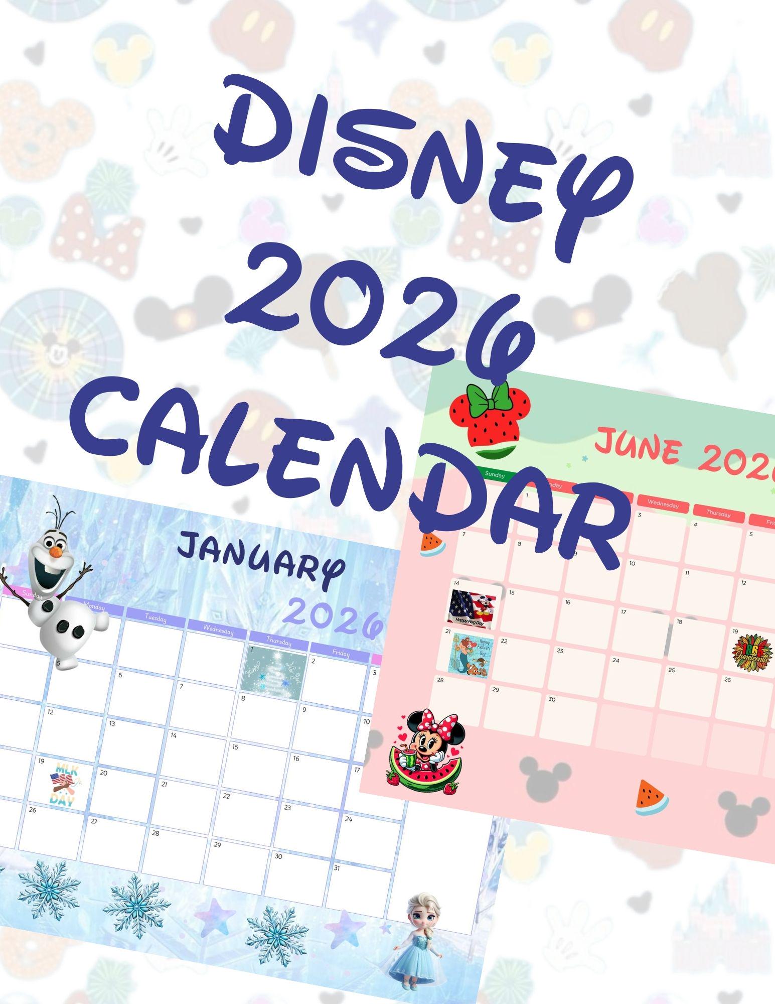 Disney 2026 Calendar- 12 Months W/ Holidays- PDF Instant Download