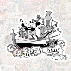 May include: Black and white sticker featuring Mickey Mouse as Steamboat Willie. Mickey is at the helm of a steamboat, with musical notes above. The banner reads "Steamboat Willie".