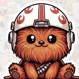 May include: A sticker featuring a cartoon-style Wookiee character wearing a white and red pilot helmet with Rebel Alliance symbols. The Wookiee has brown fur, large eyes, and a bandolier.