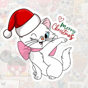 May include: A white cat sticker wearing a Santa hat and pink bow, winking with blue eyes. The sticker has the text "merry Christmas" in green and red. The sticker is surrounded by other stickers.