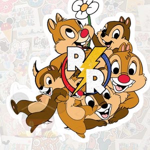 May include: A sticker featuring Chip and Dale cartoon characters in various poses. The sticker has a white background and includes the text "RR" with a lightning bolt design. A white flower is also included.
