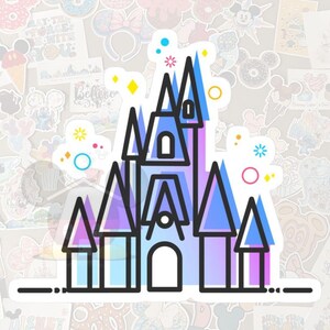 May include: A sticker featuring a stylized castle with blue, purple, and black outlines. The castle has multiple turrets and a central arched doorway. Decorative elements include stars and circles. The sticker is surrounded by other stickers with cartoon characters.