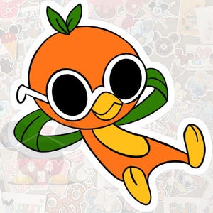 May include: A sticker featuring a cartoon orange character with sunglasses. The orange-colored character has a green leaf on its head and is wearing white sunglasses with black lenses. The character is lying down with its arms and legs outstretched.