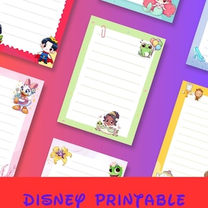 Disney Note Pad Paper-Printable Stationary, 20 pages 8.5x11 Lined Paper PDF- Instant Download-Print/Digital-Princess,Pooh,Stitch,Kawaii