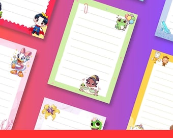 Disney Note Pad Paper-Printable Stationary, 20 pages 8.5x11 Lined Paper PDF- Instant Download-Print/Digital-Princess,Pooh,Stitch,Kawaii