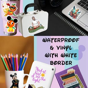 May include: A collection of waterproof vinyl stickers featuring various designs. Includes stickers of cartoon characters, a fairy, and quotes. Also shown are a white lunchbox, a mug with pencils, and a tablet with a quote.