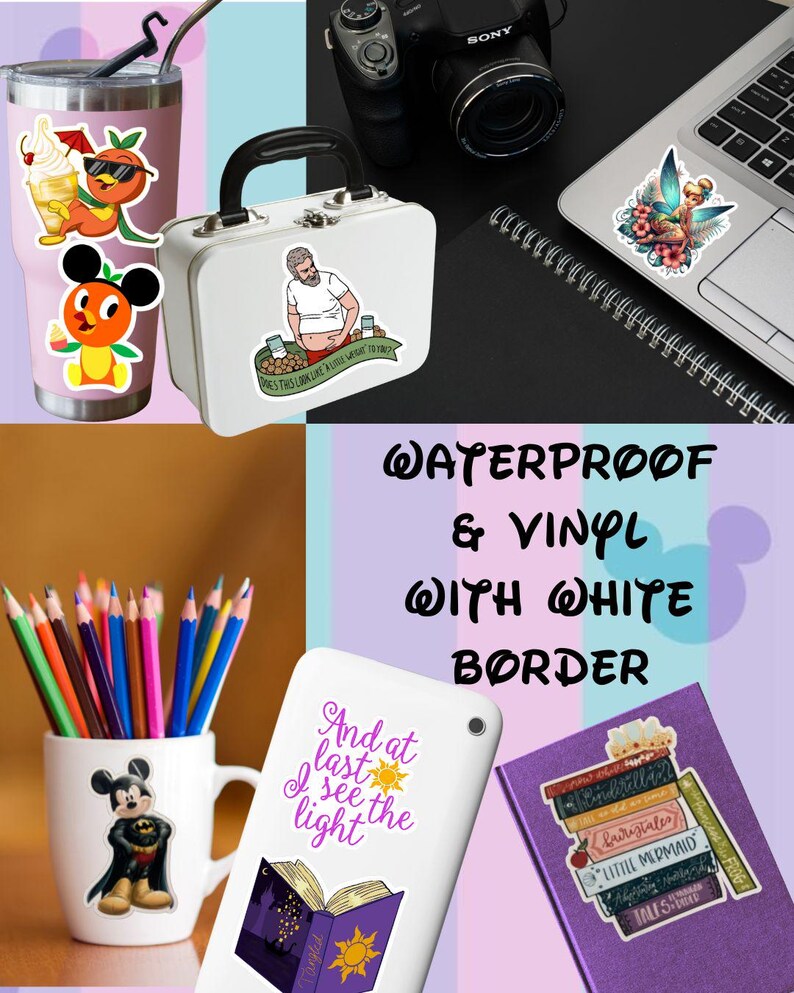May include: A collection of waterproof vinyl stickers featuring various designs. Includes stickers of cartoon characters, a fairy, and quotes. Also shown are a white lunchbox, a mug with pencils, and a tablet with a quote.