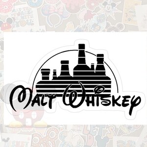 May include: Black and white sticker featuring the words "Malt Whiskey" in a stylized font. The design includes a silhouette of whiskey bottles and a semi-circular arch. The sticker is surrounded by other colorful stickers.