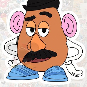 May include: A sticker featuring a cartoon character with a brown head, orange nose, black mustache, and a black bowler hat. The character has pink ears, white arms, and blue shoes. The sticker is surrounded by other colorful stickers.