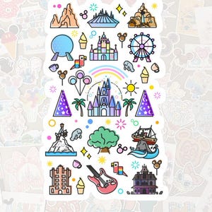 May include: A sticker sheet featuring colorful illustrations of theme park icons. Includes a castle, a ferris wheel, a guitar, a ship, and other attractions. The design has a cartoon style with a white border.