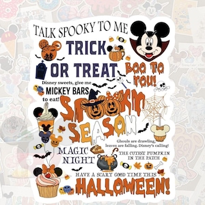 May include: A Halloween-themed sticker with Mickey Mouse and various Halloween elements. The sticker features text like "Talk Spooky to Me," "Trick or Treat," and "Spooky Season." The design includes pumpkins, bats, and other festive graphics.