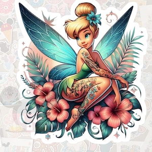 May include: A sticker featuring a cartoon fairy with blonde hair, blue eyes, and teal wings. The fairy is adorned with floral tattoos and is surrounded by pink hibiscus flowers and green foliage. The sticker has a white border.