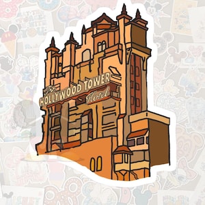 May include: A sticker featuring a stylized illustration of the Hollywood Tower Hotel. The building is depicted in shades of orange and brown, with the text "The Hollywood Tower Hotel" prominently displayed. The sticker has a white border.