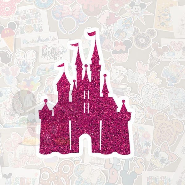 Disney's Castle in Pink Glitter Waterproof Sticker- Pixie Dust loot-Gloss Vinyl-Decal, Water Bottle, Laptop, Planner-Sparkle Girly
