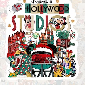 May include: A colorful sticker featuring Disney's Hollywood Studios. The design includes Mickey and Minnie Mouse, Donald Duck, Goofy, and Pluto, along with a vintage-style movie camera and a Christmas theme.
