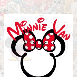May include: A white sticker featuring a Minnie Mouse design. The design includes a black outline of Minnie's head, a red bow with white polka dots, and the words "Minnie Van" in red script.