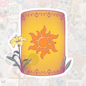 May include: A sticker featuring a yellow lantern with an orange sun design. The lantern has decorative borders and is accompanied by a yellow flower and green leaves. The sticker is set against a background of other stickers.